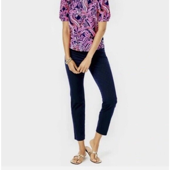 Lilly Pulitzer Kelly Textured Pants Navy Size 6 Minimalistic Tropical Nautical - Picture 1 of 7